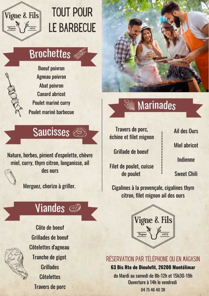 Affiche Tout pour le barbecue de la Boucherie Vigne & Fils à Montélimar, avec brochettes, saucisses, viandes et marinades